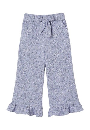 Hellviolette weite Hosen mit kleinem Blumenmuster, gebundenem Taillengürtel, Seitentaschen und Rüschen am Saum.