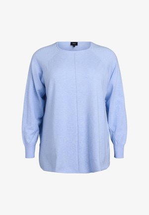 Svetlomodrý sveter s dlhým rukávom a okrúhlym výstrihom, voľný strih a raglánové rukávy. Mäkko tkanina s jemnou textúrou a detaily švov.