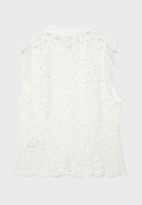 Sleeveless white lace blouse with floral pattern, high neckline, and scalloped edges on sleeves and hem, shown from the back.