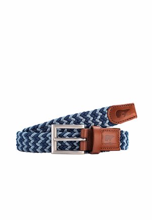 Cintura in tessuto intrecciato blu con fibbia rettangolare argentata e dettagli in pelle marrone con logo in rilievo.