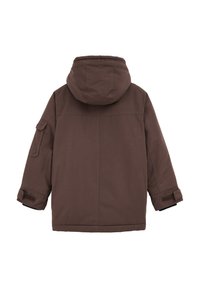 Rjava zimska bunda s kapuco in dolgimi rokavi, z zavihkom na levem rokavu in nastavljivimi ježki, prikazana s hrbtne strani.