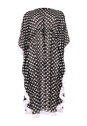 Schwarzer und weißer Polka-Dot-Kaftan mit lockerer Passform, der einen gerafften Ausschnitt und weiße Rüschendetails für zusätzlichen Charme aufweist.