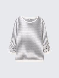 Top de manga larga a rayas grises y blancas con cuello redondo y detalle fruncido en las mangas. Tejido suave con un diseño de ajuste relajado.