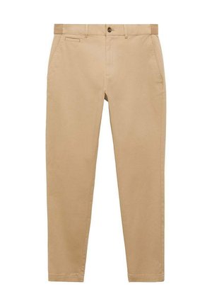 Chinos beiges avec une coupe droite, dotés d'une poche frontale, d'une fermeture à bouton et d'un tissu en coton lisse avec une texture subtile.