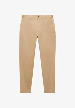 Beige chinos with a straight leg design, featuring a front pocket, button closure, and smooth cotton fabric with a subtle texture.