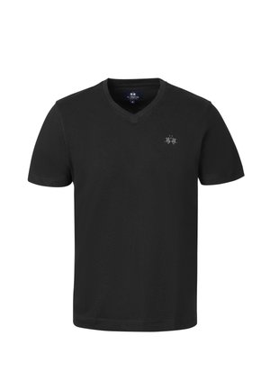 Schwarzes Kurzarm-V-Neck-T-Shirt mit kleinem grauen Logo auf der linken Brust, dargestellt vor weißem Hintergrund.