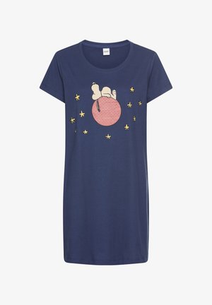 Navy blue cotton nightshirt with short sleeves, featuring a cartoon character on a pink circle surrounded by yellow stars.