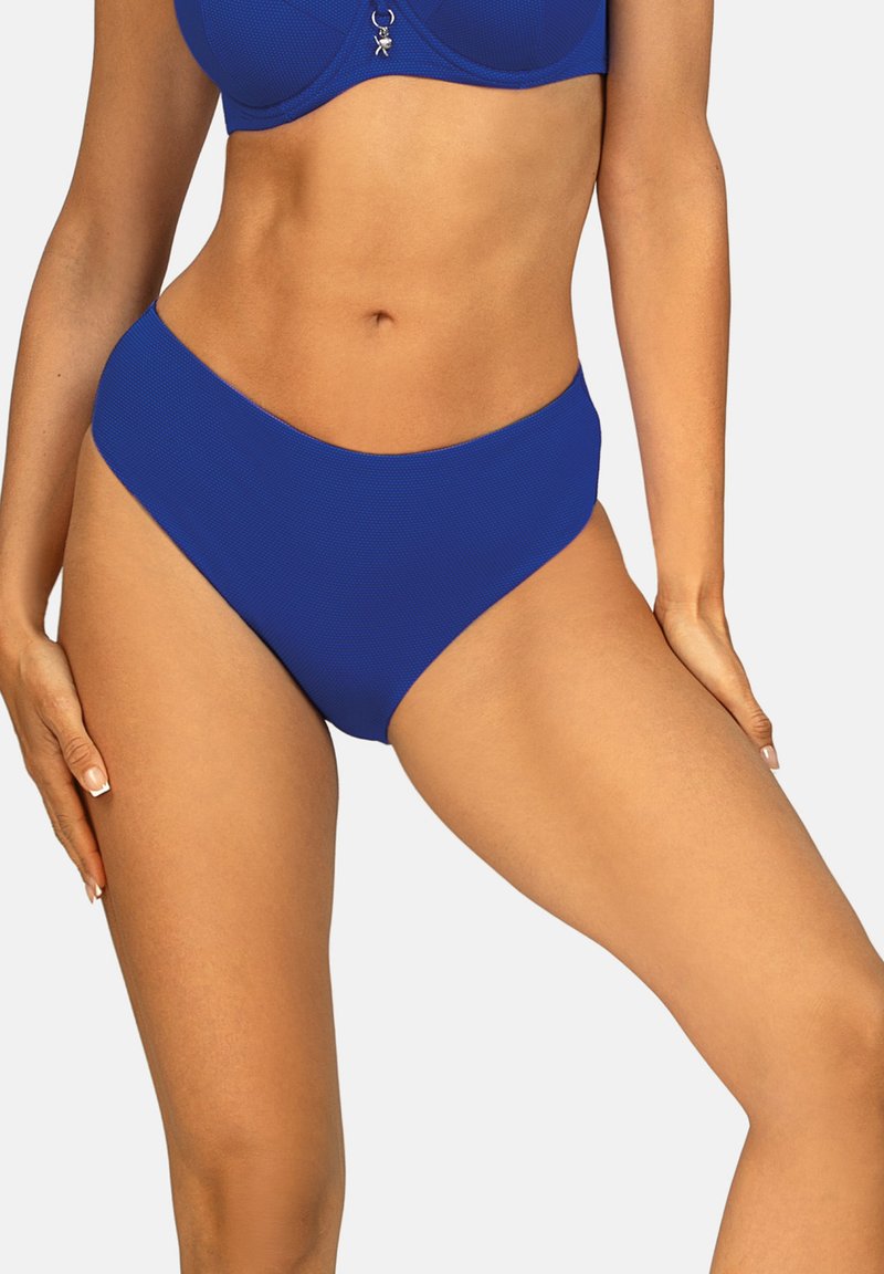 Dół od bikini z wysokim stanem w jednolitym niebieskim kolorze z fakturowaną powierzchnią. Posiada gładki pas i dopasowany krój dla wygody.
