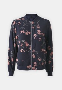 Giacca bomber della marina con stampa floreale rosa, polsini e colletto a coste, chiusura con zip e tessuto morbido al tatto.
