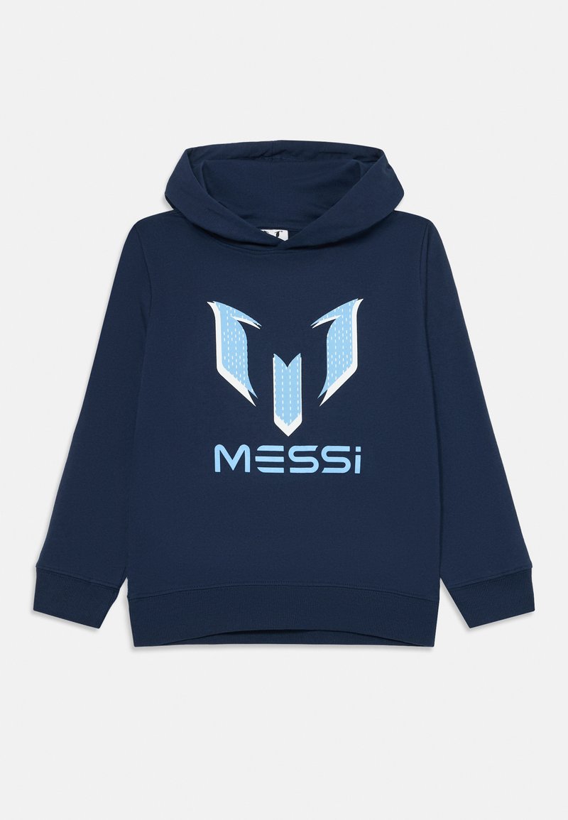 Sweatshirt azul-marinho feito de algodão macio, apresentando um design gráfico azul-claro de um logotipo estilizado e o texto "MESSi" na parte da frente.