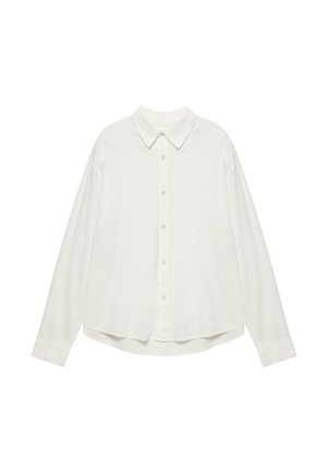 Bela dolga srajca z gumbi, ovratnikom in manšetami, prikazana položena na belem ozadju.