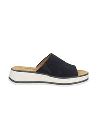 Zwarte suède slipper met een lage, witte platformzool en zij-elastische accenten voor een goede pasvorm. Minimalistisch ontwerp met een ronde neus.