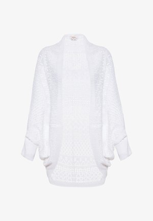 Valge kudumiga kardigan avatud ees, lõdva lõikega, tekstuurse mustriga ja pikkade, kitsenevate varrukatega. Omab kerget ja õhulist disaini.