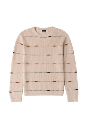 Maglione beige lavorato a maglia con strisce orizzontali marroni, arancioni e blu navy. Polsini e scollatura a costine, tessuto testurizzato con una vestibilità rilassata.