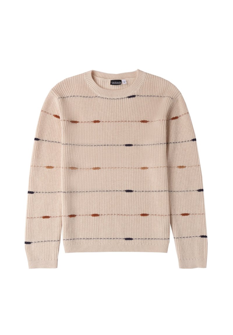 Maglione beige lavorato a maglia con strisce orizzontali marroni, arancioni e blu navy. Polsini e scollatura a costine, tessuto testurizzato con una vestibilità rilassata.