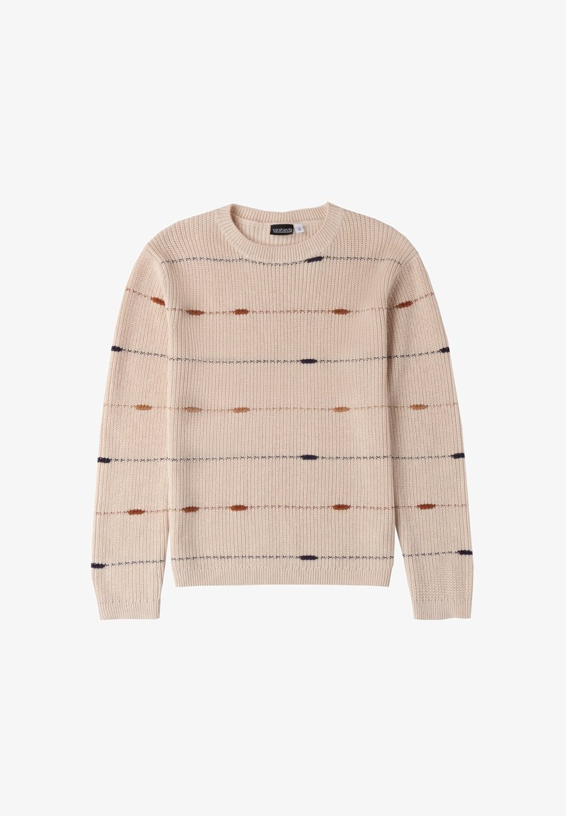 Beige Strickpullover mit horizontalen Streifen in Braun, Orange und Marineblau. Rippbündchen und -kragen, strukturierter Stoff mit lockerer Passform.