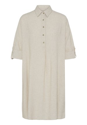 Helebeežist beež värvi põlveni ulatuv särkkleit lühikeste ülesrullitavate varrukatega, eest nööbitav ja klassikalise kraega.