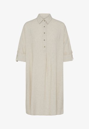 Gaiši bēšas krāsas ceļa garuma krekla kleita ar īsām uzlocītām piedurknēm, pogājamu priekšpusi un klasisku apkakli.