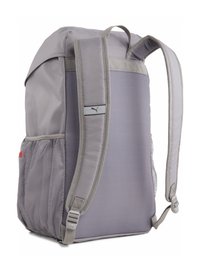 Grijze rugzak met gewatteerde schouderbanden, een mesh zijvak en een logodetail. Heeft een gestructureerd ontwerp en een gladde stoftextuur.