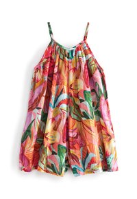 Mono sin mangas con estampado floral colorido y escote fruncido, que presenta vibrantes patrones en tonos de rosa, naranja y verde sobre una tela ligera.