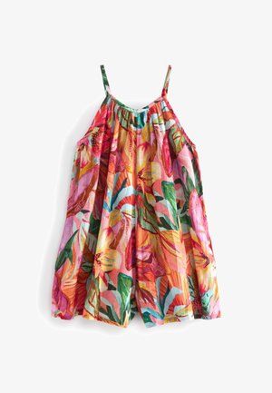 Combinaison sans manches florale colorée avec encolure froncée, présentant des motifs vibrants de rose, d'orange et de vert sur un tissu léger.