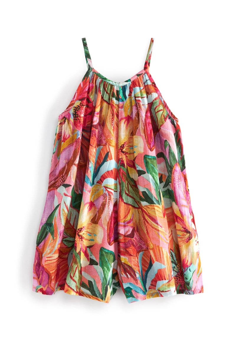 Mono sin mangas con estampado floral colorido y escote fruncido, que presenta vibrantes patrones en tonos de rosa, naranja y verde sobre una tela ligera.