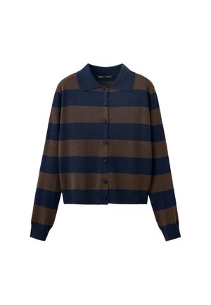 Geknöpfter Cardigan mit breiten horizontalen dunkelblauen und braunen Streifen und Kragen, auf weißem Hintergrund gezeigt.