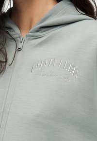 Ανοιχτό πράσινο φούτερ με φερμουάρ, κατασκευασμένο από μαλακό ύφασμα, με κουκούλα και κεντημένο «Calvin Klein» με «New York City» από κάτω.