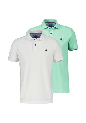 Two short-sleeve polo shirts, one white and one light green, each with a small dark logo on the left chest and buttoned collars.