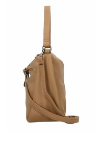 Borsa in pelle tan con finitura testurizzata, forma slanciata, manico superiore e tracolla rimovibile. Presenta dettagli in hardware argentato.