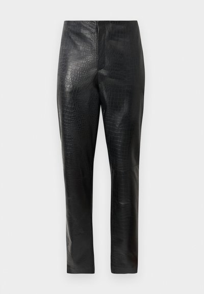 Black faux leather pants with a subtle crocodile texture, straight leg cut, and high waist, displayed against a plain white background.