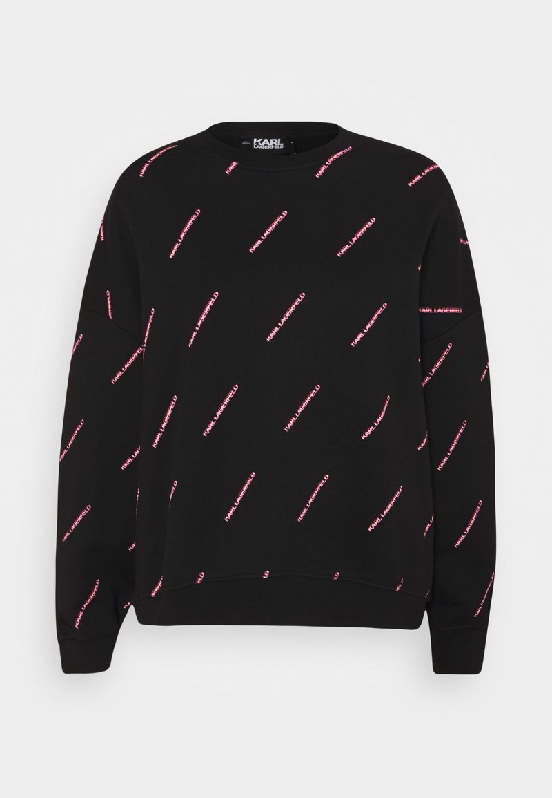 Sudadera negra de manga larga con patrones diagonales de texto en rosa "KARL LAGERFELD" y puños y dobladillo acanalados.