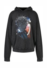 Zwarte hoodie met een grafische print van een gespiked object en ketting, met een ontspannen pasvorm en geribde manchetten.