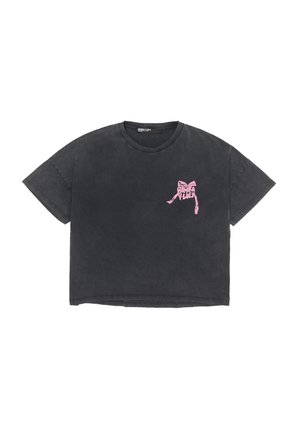 Black oversized t-shirt made of soft cotton, featuring a pink bow graphic on the left chest, round neck, and short sleeves.