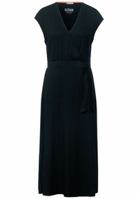 Czarna sukienka kopertowa z krótkimi rękawami w kształcie rękawów kapturem, dekoltem w kształcie litery V i wiązaniem w talii. Wykonana z gładkiego, elastycznego materiału o lekko opadającym kroju.