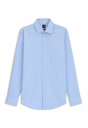 Blauw-wit gestreepte blouse met lange mouwen, gemaakt van geweven stof, met een klassieke kraag en knoopsluiting aan de voorkant. Gestructureerde pasvorm en manchet.