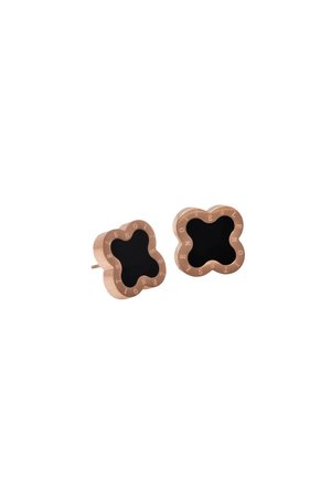 Rose gold stud earrings with black clover-shaped center and engraved brand name around edges.