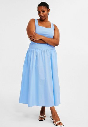 Light blue, sleeveless dress with a fitted bodice and gathered skirt. Made of soft fabric, knee-length with a smooth texture and simple design.