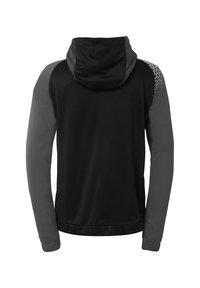 Zwarte en grijze zip-up hoodie met een trekkoordkap, voorzien van gestructureerde driehoekige patronen op de schouders en aansluitende mouwen.