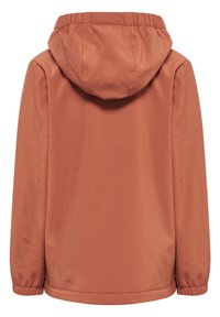 Hoodie aus rostfarbenem Stoff mit elastischen Bündchen und Saum, glatter Textur und minimalistisches Design. Es sind keine vorderen Taschen sichtbar.