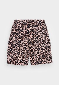 Šortky s leopardím vzorem v černé barvě na jemně růžovém pozadí, s elastickým pasem a uvolněným střihem. Lehká tkanina a hladká textura.