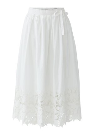 White midi skirt with gathered waist, side tie, and floral lace hem detailing.