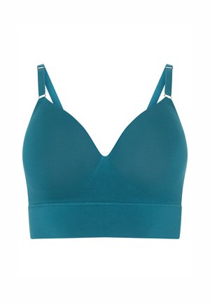 Teal draadloze beha met een v-hals ontwerp, verstelbare schouderbanden en een soepele, rekbare textuur. Beschikt over een brede band voor ondersteuning.