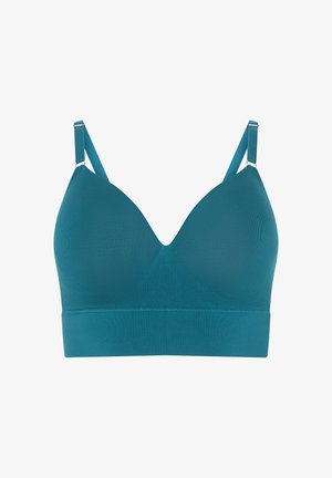 Teal draadloze beha met een v-hals ontwerp, verstelbare schouderbanden en een soepele, rekbare textuur. Beschikt over een brede band voor ondersteuning.