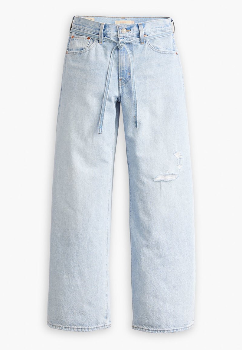 Jean large bleu clair en denim, doté d'une taille à cordon de serrage, de détails déchirés et d'un design classique à cinq poches.