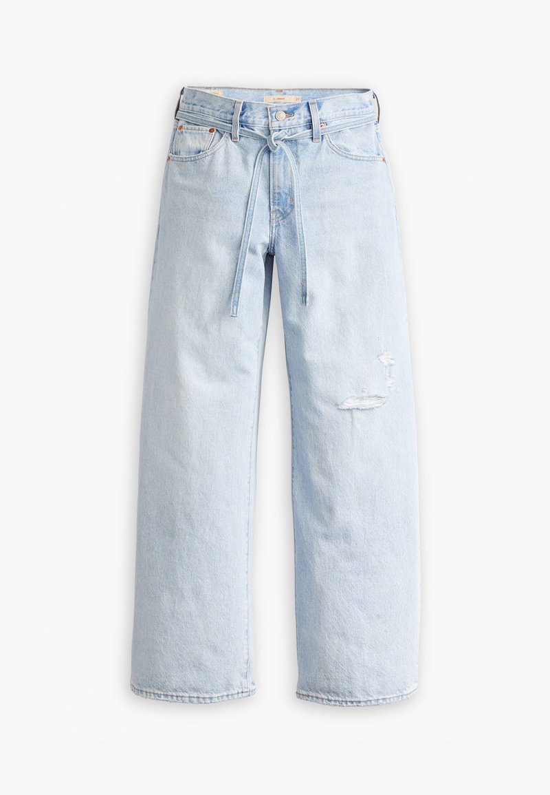 Jean large bleu clair en denim, doté d'une taille à cordon de serrage, de détails déchirés et d'un design classique à cinq poches.