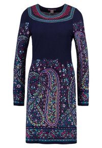 Robe à manches longues bleu marine avec des motifs floraux et cachemire colorés en rose, sarcelle, violet et vert, dotée d'un col rond.