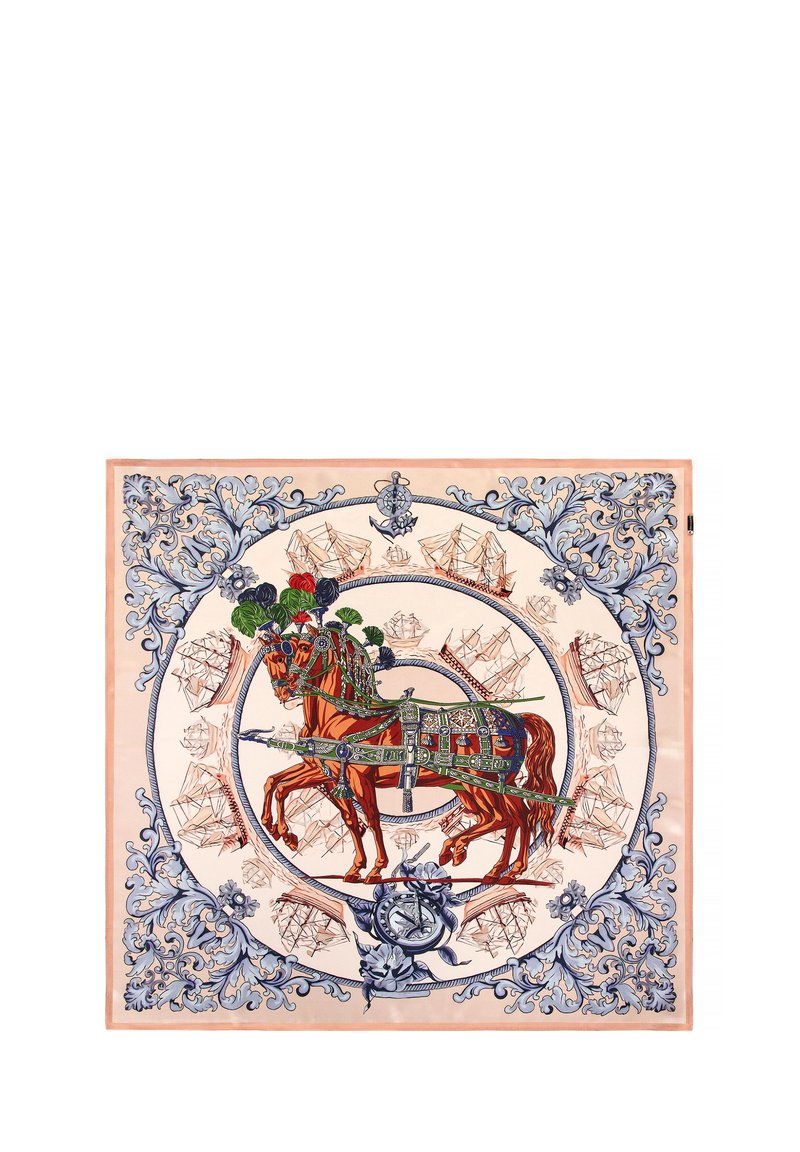 Pañuelo de seda con una ilustración detallada de un caballo decorado en vibrante color naranja, rodeado de patrones florales azules y barcos.