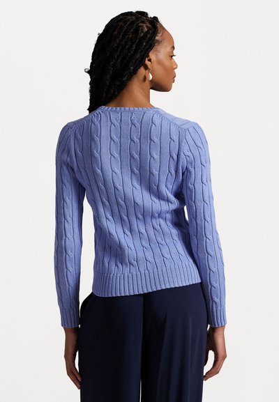 Light purple cable-knit sweater with long sleeves and ribbed hem. Features textured patterns throughout, offering a cozy knit appearance.