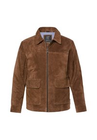 Chaqueta de ante marrón con cremallera en el frente, cuello puntiagudo y dos bolsillos frontales, presentada sobre un fondo liso.